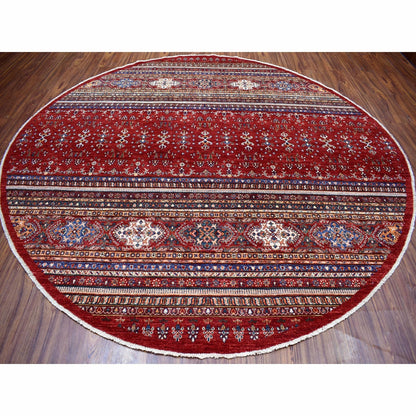 9'7"X9'7" Red Round Super Kazak Khorjin Design Natural Wool Oriental Rug