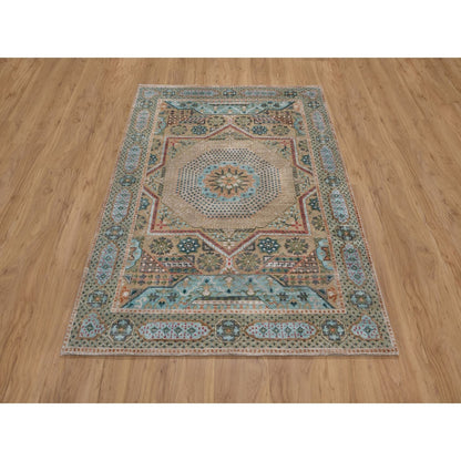 4'1"X6' Khaki Brown Wool And Silk Rug Mamluk Design Hand Knotted Oriental