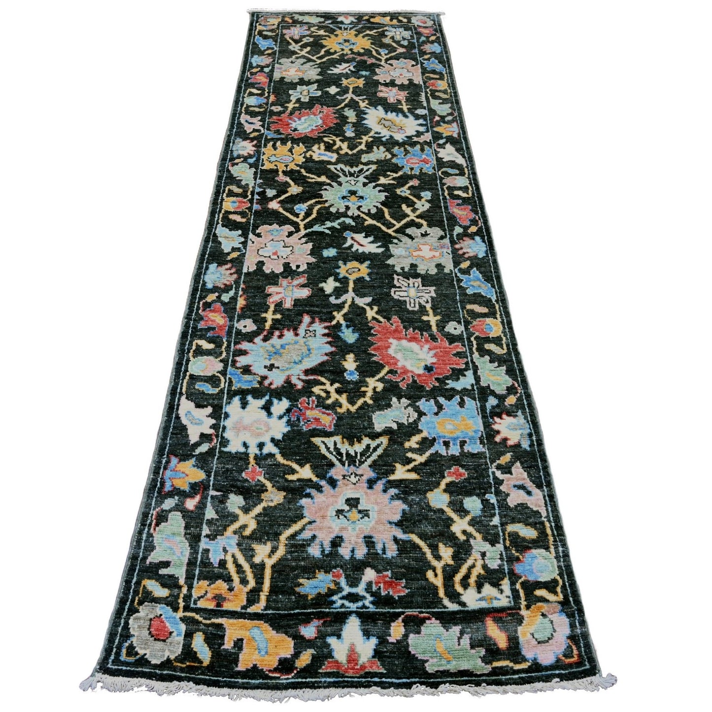 2'10"X9'8" Black Angora Oushak Leaf Design Hand Knotted Wool Runner Rug