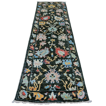 2'10"X9'8" Black Angora Oushak Leaf Design Hand Knotted Wool Runner Rug
