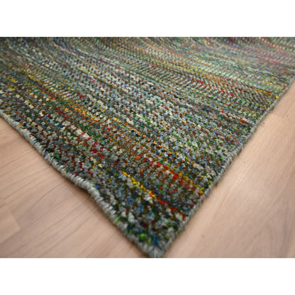 10'X14' Asphalt Black Modern Grass Design Wool And Silk Hand Knotted Rug