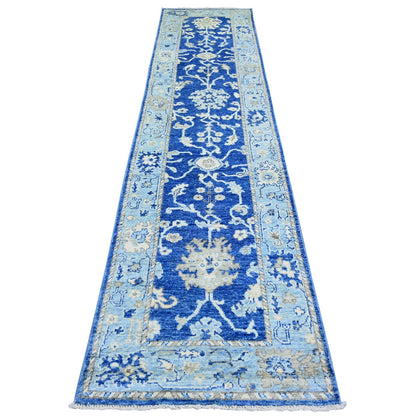 2'9"X12' Blue Wool Hand Knotted Afghan Angora Oushak Runner Rug