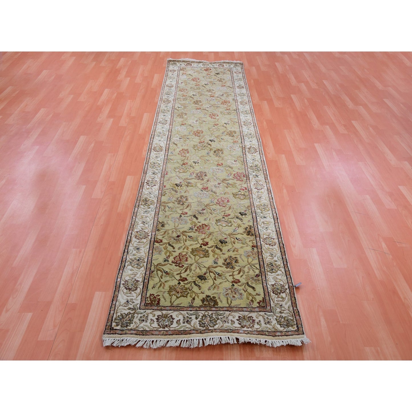 3'X12'1" Green Hand Knotted Rajasthan Design Silk And Wool Runner Rug