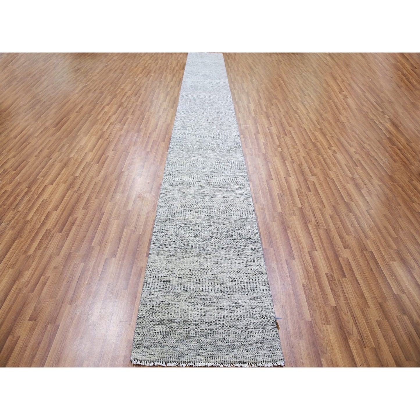 2'6"X20'5" Gray Undyed Wool Hand Knotted Grass Design Xl Runner Rug