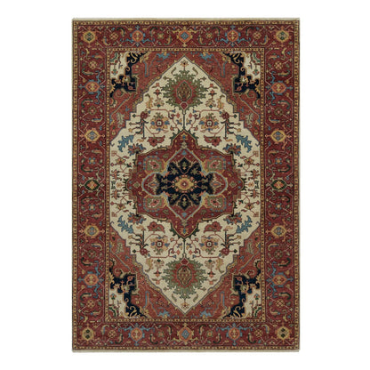 6'2"X9'1" Ivory Antiqued Heris Re-Creation Hand Knotted Soft Wool Rug