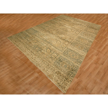 10'X13'8" Brown Mamluk Design Hand Knotted Wool Zero Pile Shaved Low Rug