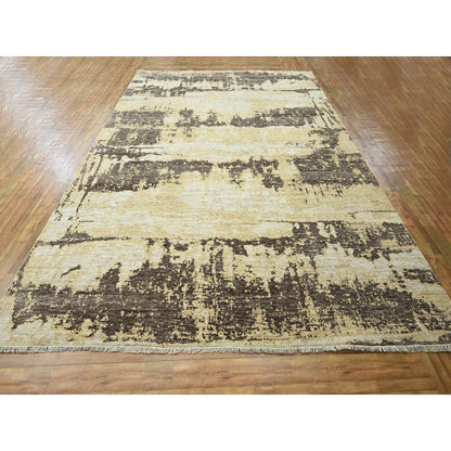 9'X12' Ivory & Brown Modern Abstract Design Hand Knotted Wool & Silk Rug