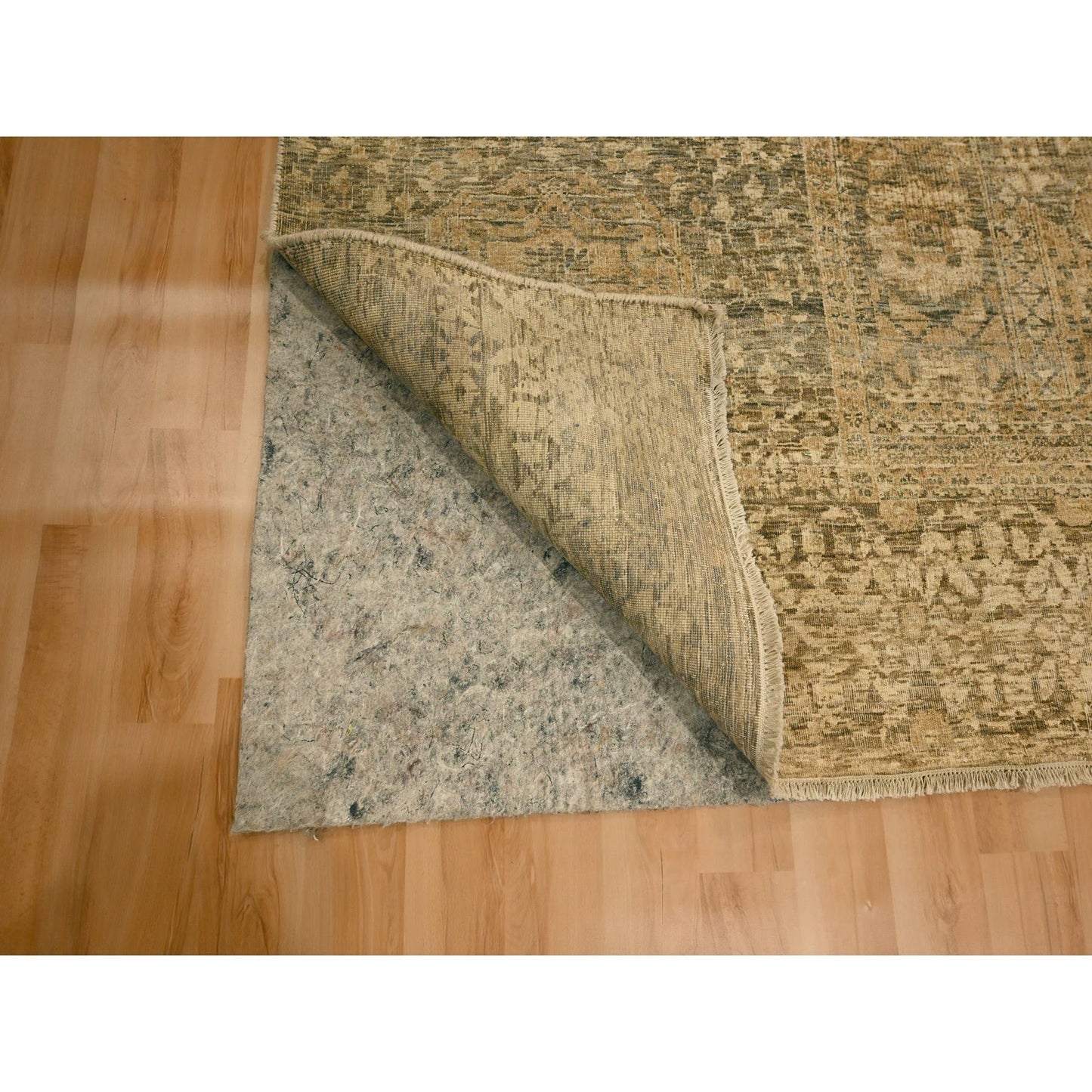 10'X13'8" Brown Mamluk Design Hand Knotted Wool Zero Pile Shaved Low Rug