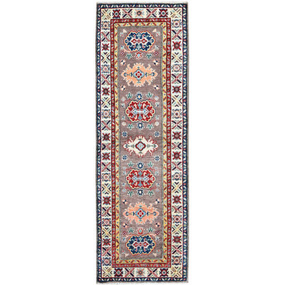 2'X6'5" Gray Kazak With Tribal Design Soft Wool Hand Knotted Runner Rug