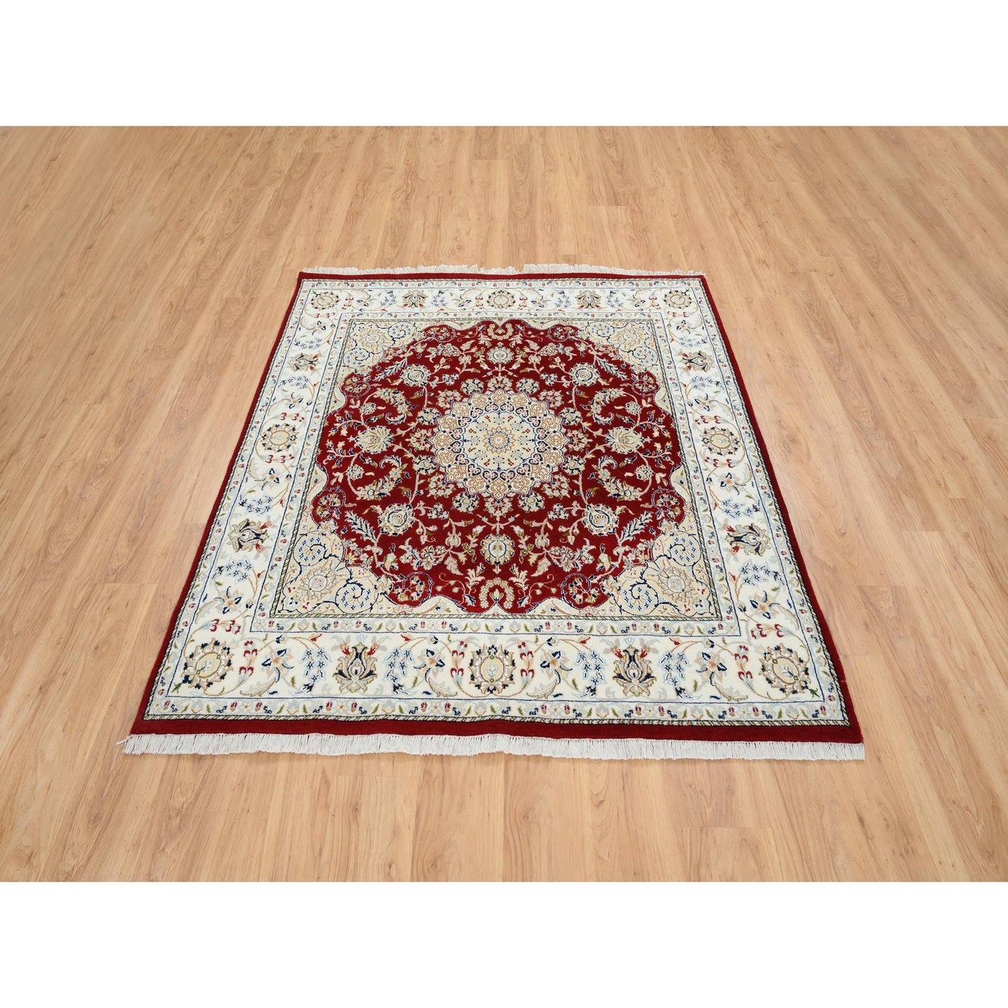 6'X6' Red Nain Flower Design 250 Kpsi Pure Wool Hand Knotted Square Rug
