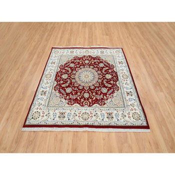 6'X6' Red Nain Flower Design 250 Kpsi Pure Wool Hand Knotted Square Rug