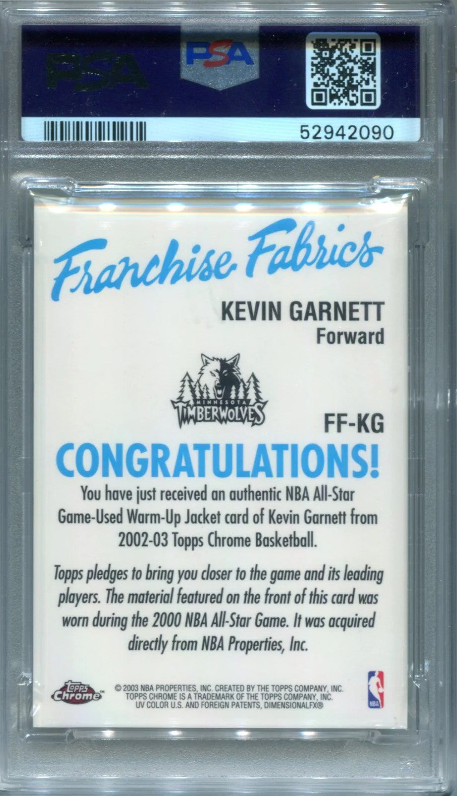 Kevin Garnett 2002 Topps Chrome Freshman Fabric #Ffkg Psa Gem Mt 10 Card