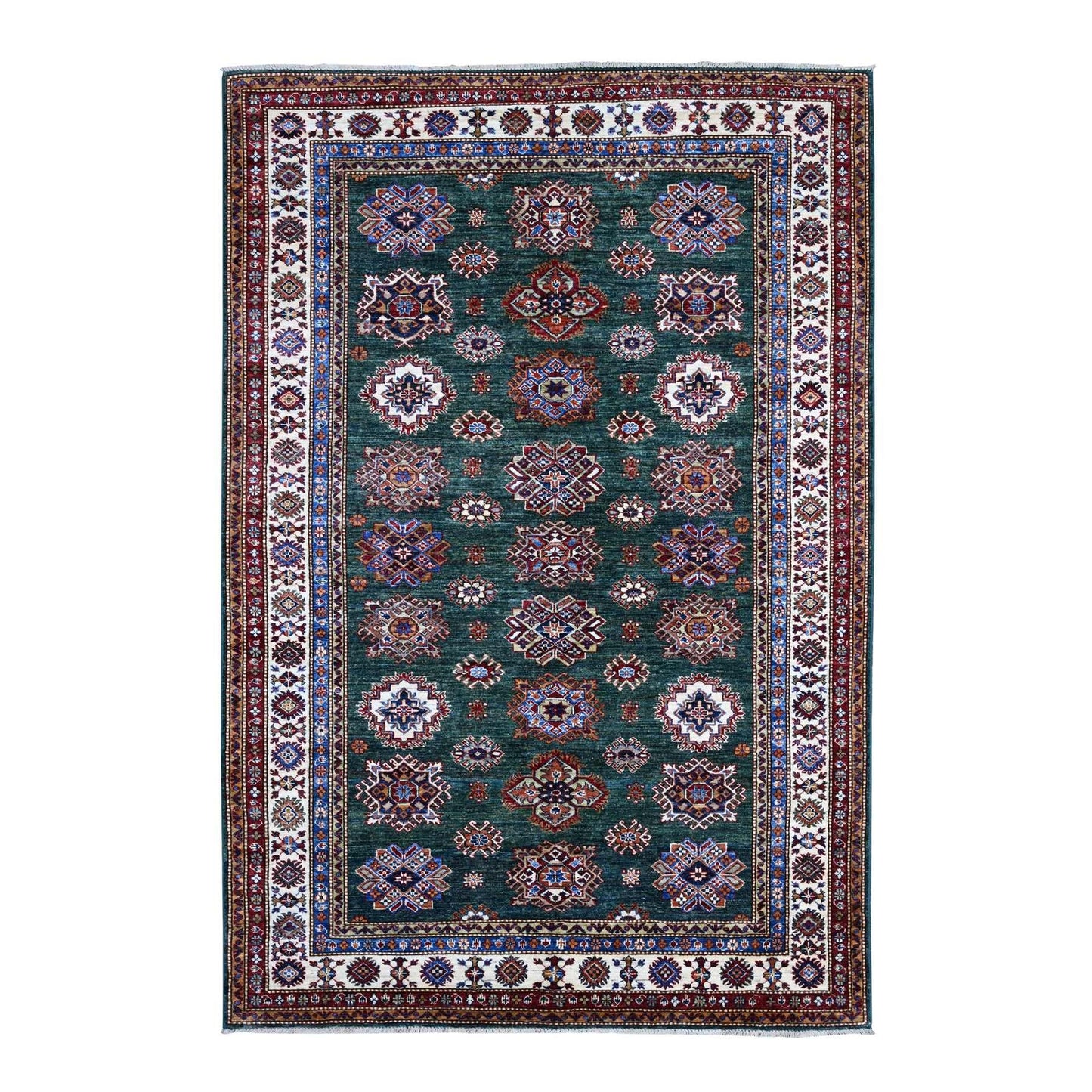 6'X9' Green Hand Knotted Super Kazak Tribal Medallions Wool Oriental Rug