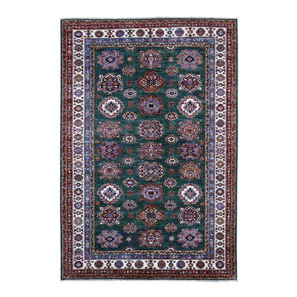 6'X9' Green Hand Knotted Super Kazak Tribal Medallions Wool Oriental Rug