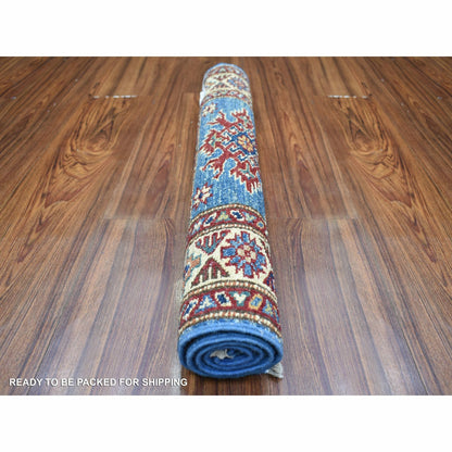 2'1"X2'10" Blue Pure Wool Hand Knotted Caucasian Super Kazak Mat Rug
