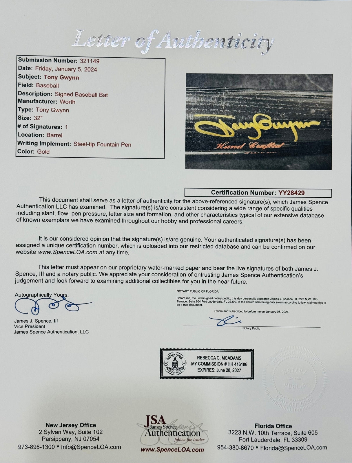 Tony Gwynn Autographed Worth Game Model Bat (Jsa)