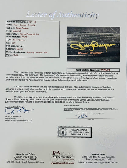 Tony Gwynn Autographed Worth Game Model Bat (Jsa)