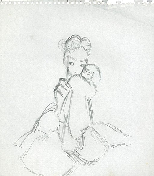 Girl in kimono with doll original pencil drawing sketch double sided by Rune Naito