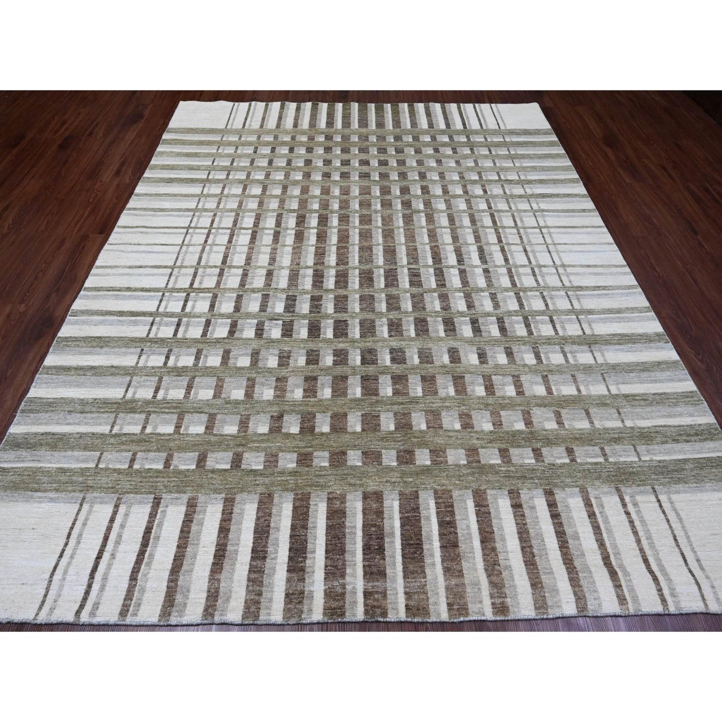 8'X9'9" Brown Bauhaus Inspired Line Design Hand Knotted Soft Wool Rug