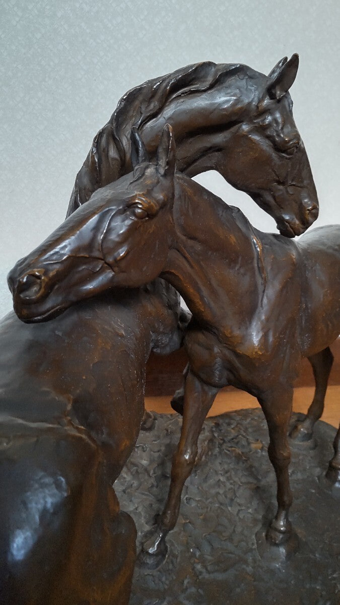 Pierre-Jules Mne "Deux Chevaux" Original Bronze Horse Sculpture 42Cm Signed