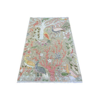 3'4"X4'10' Laurel Green Afghan Peshawar Wool Hand Knotted Oriental Rug