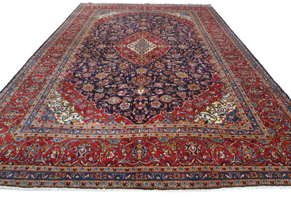 Hand knotted oriental rug navy purple floral traditional vintage carpet