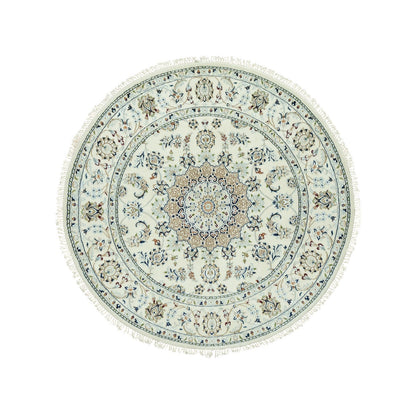 5'X5' Droplets White Hand Knotted Nain Center Medallion Floral Round Rug