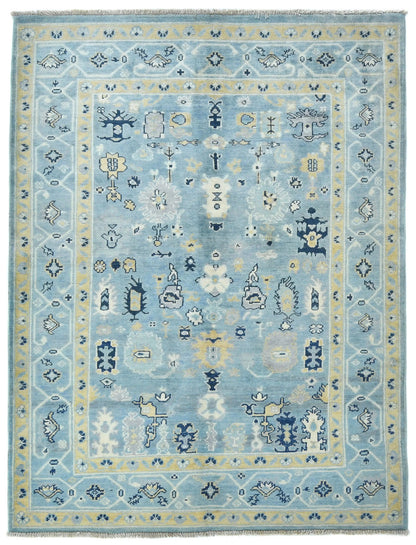 Blue Kazak Oushak Handmade Rug 4X5 Ft Floral