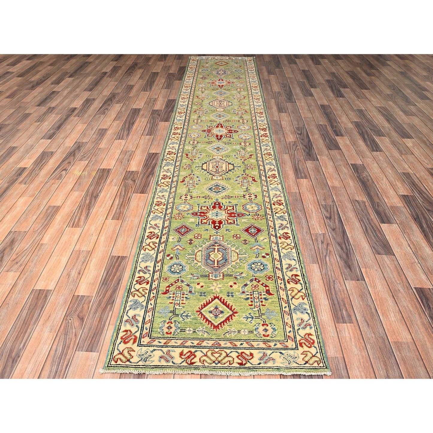 2'8"X12'7" Green Kazak With Geometric Design Hand Knotted Rug Wool Runner
