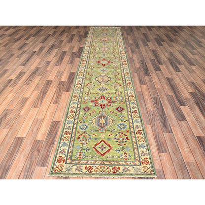 2'8"X12'7" Green Kazak With Geometric Design Hand Knotted Rug Wool Runner