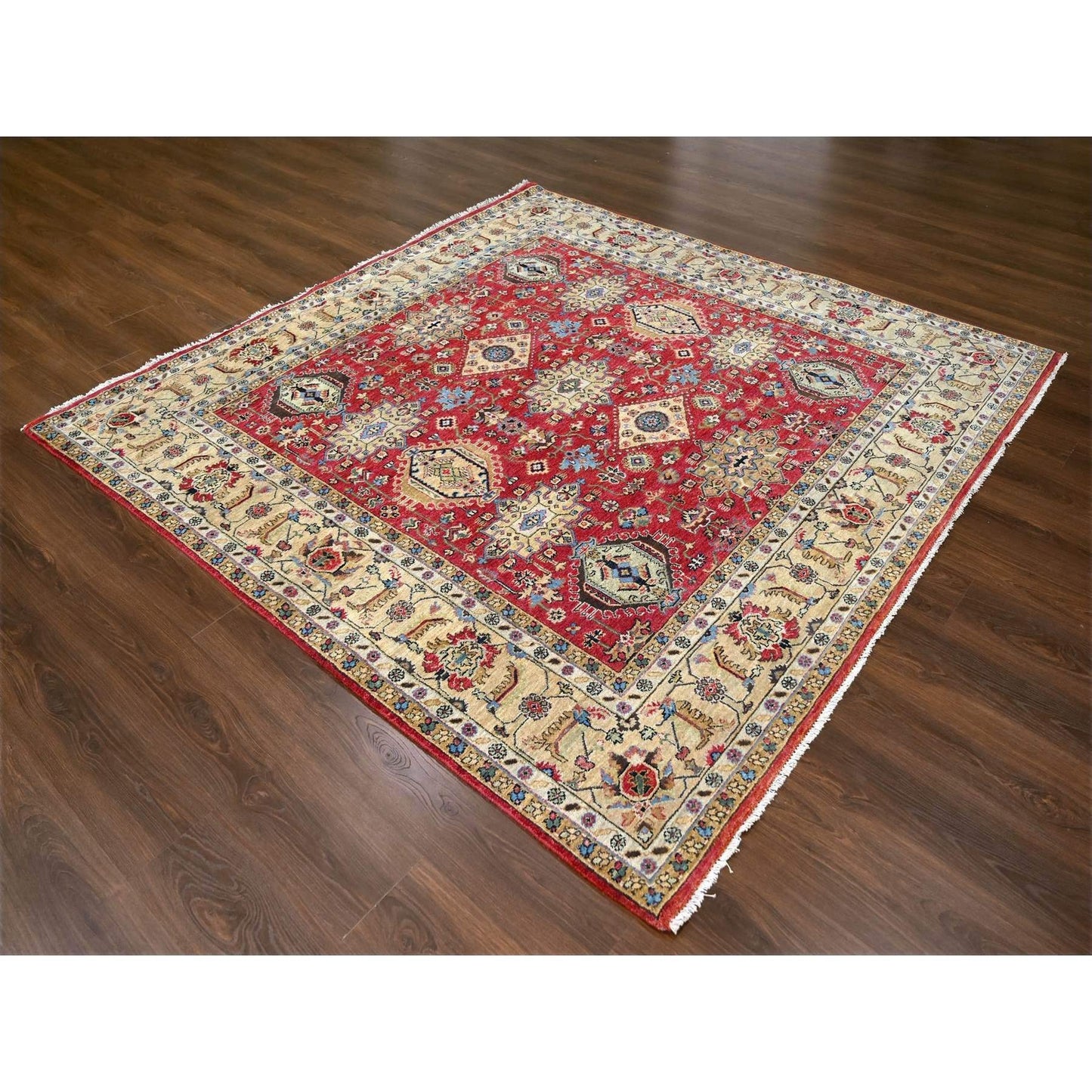 8'X8' Fire Brick Red Hand Knotted Wool Karajeh Design Square Oriental Rug