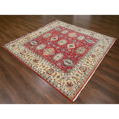 8'X8' Fire Brick Red Hand Knotted Wool Karajeh Design Square Oriental Rug