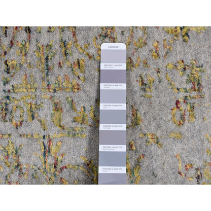 9'10"X14' Silk Gray Broken Mamluk Design Hand Loomed Wool And Silk Rug