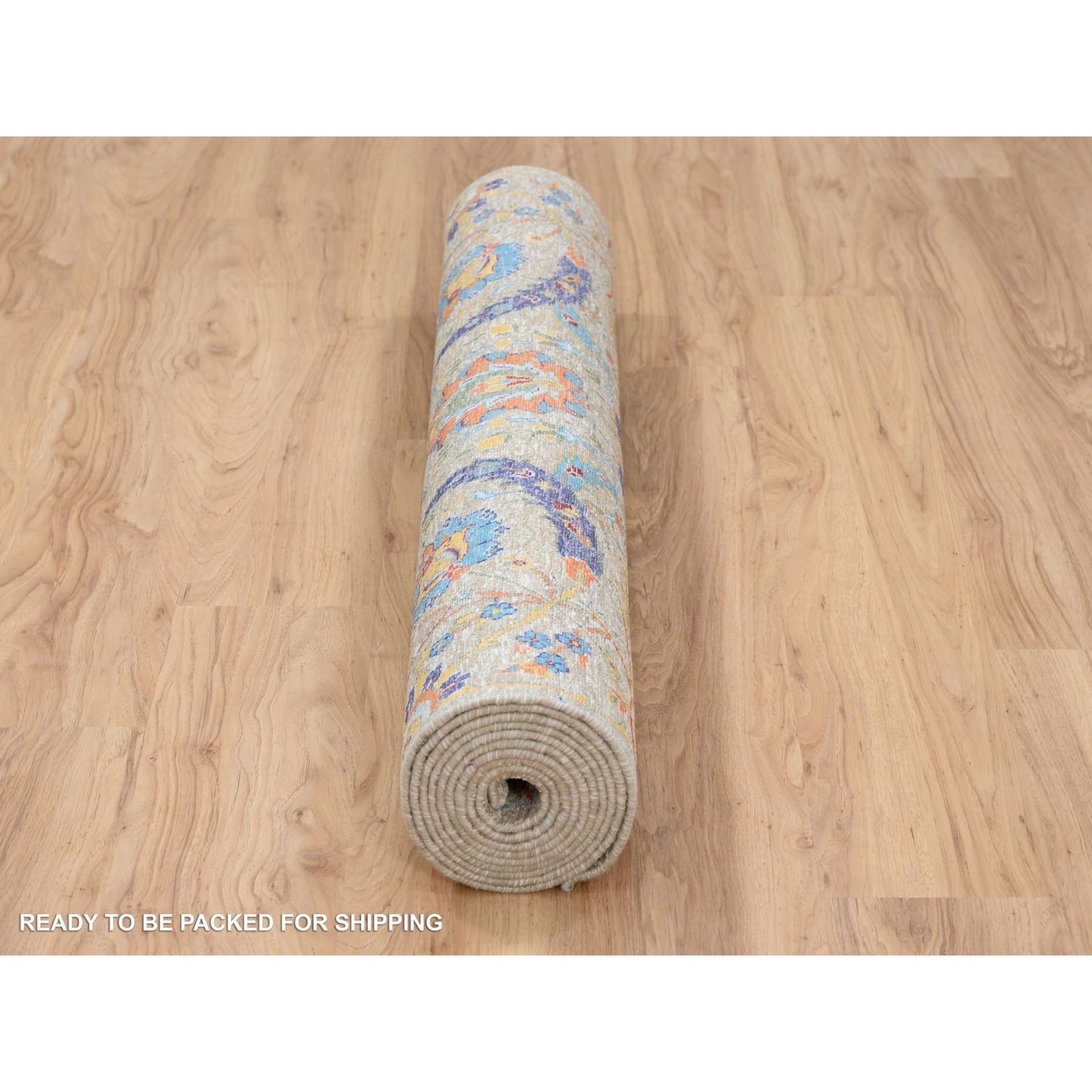4'1"X12'2" Tan Sickle Design Silk And Wool Hand Knotted Wide Runner Rug