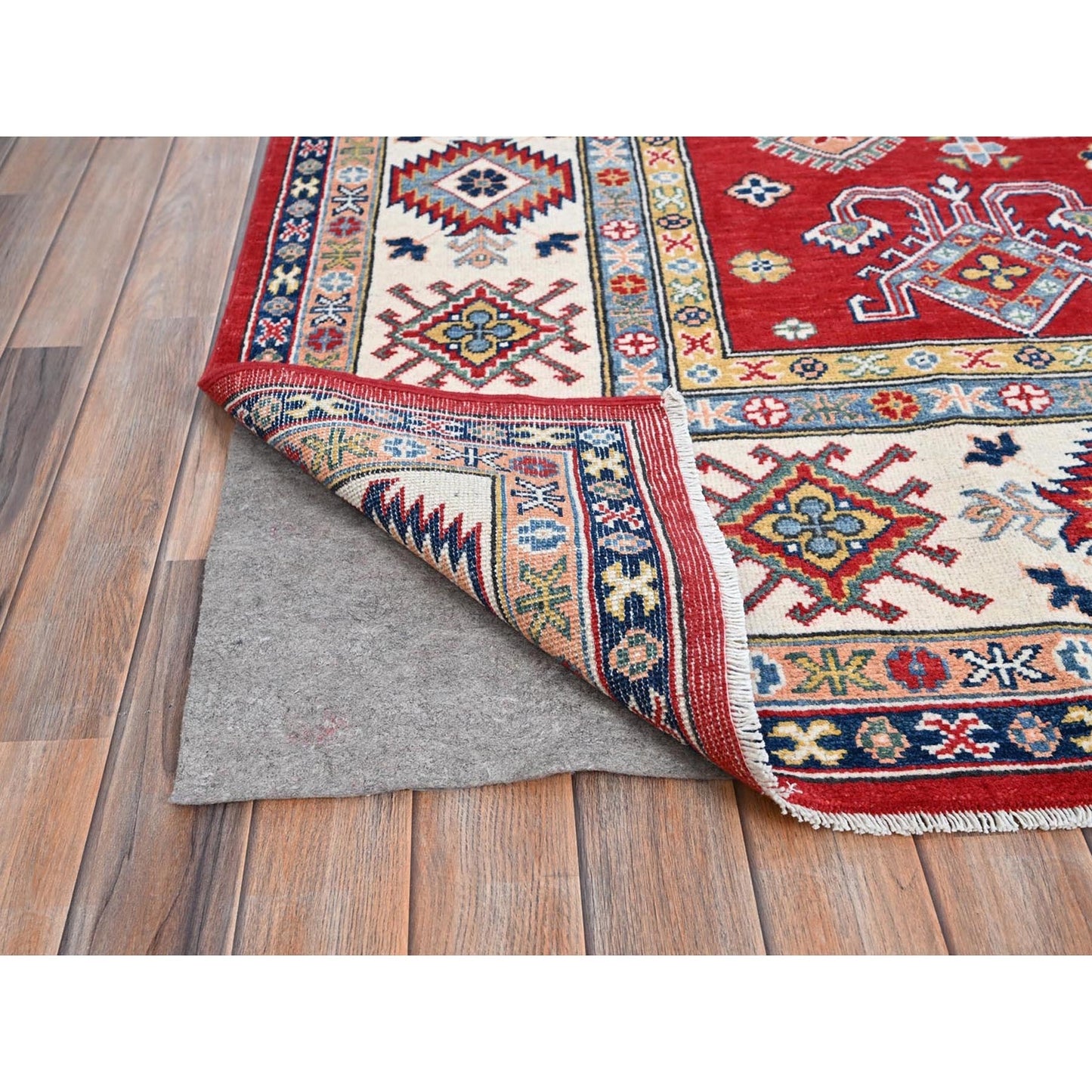 8'1"X10' Geranium Red Hand Knotted Shiny Wool Kazak Design Oriental Rug
