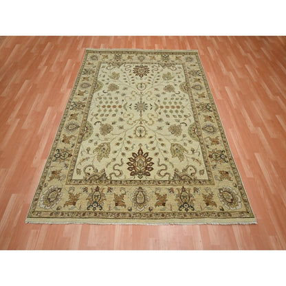6'5"X8'1" Ivory Hand Knotted Leaf Pattern Agra Ziegler Design Wool Rug