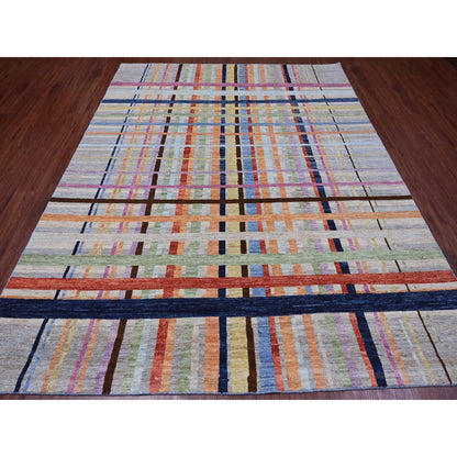 7'10"X9'9" Gray Criss Cross Colorful Line Design Hand Knotted Wool Rug