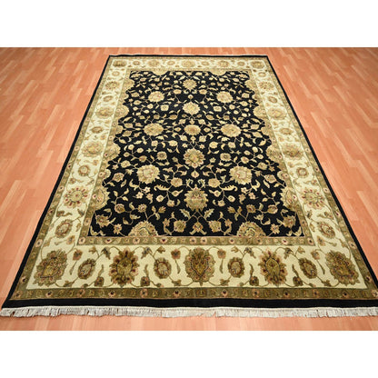 7'9"X10' Black Wool And Silk Hand Knotted Rajasthan All Over Design Rug