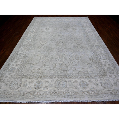 8'10"X11'10" Goose Gray Hand Knotted Pure Wool White Wash Peshawar Rug