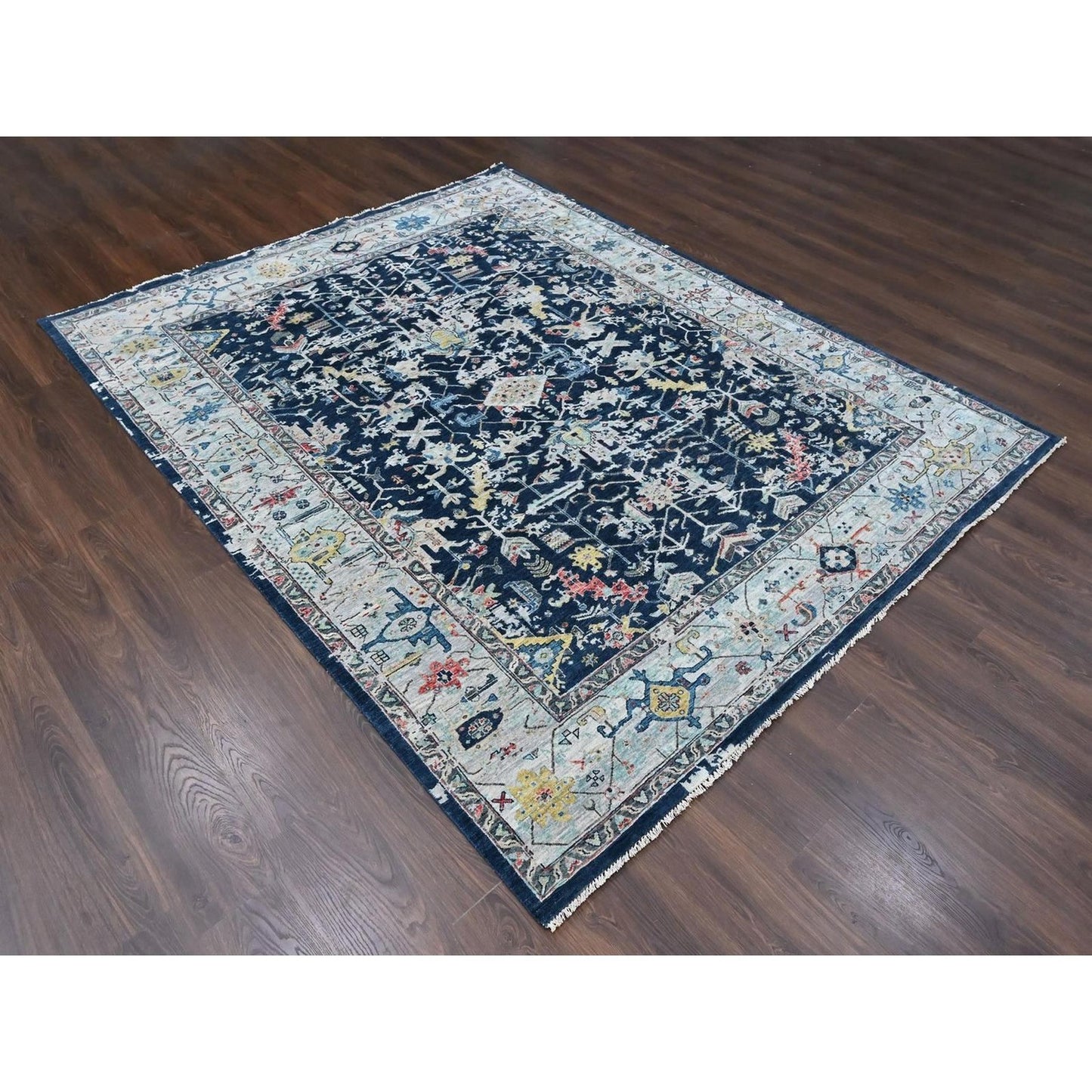 Hand Knotted Wool Rug 8'x9'10" Denim Blue Heris All Over Broken Design