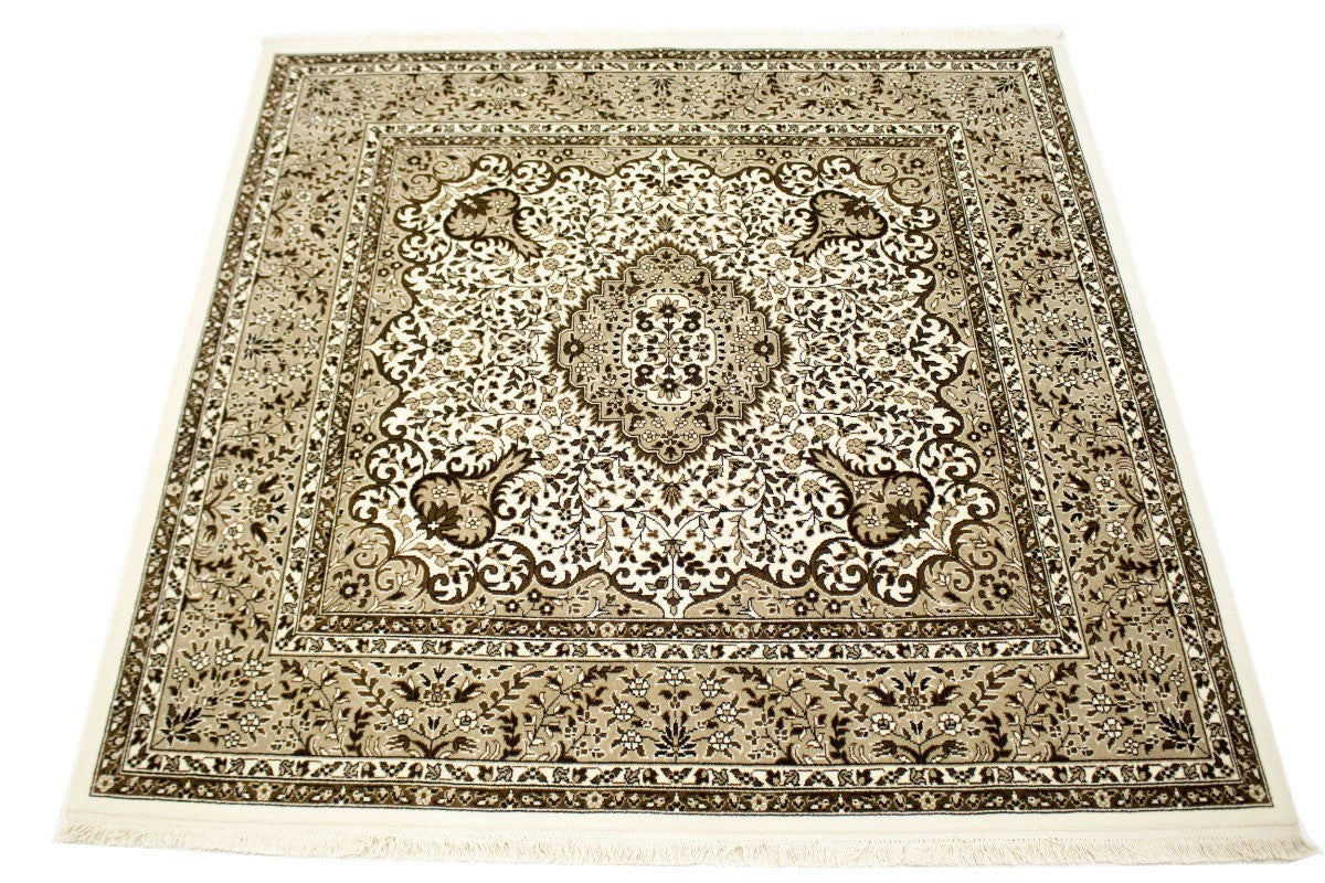 Hand-Knotted Cream Kirman Square Rug Oriental Classic Floral Area Carpet 6X6 ft