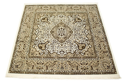 Hand-Knotted Cream Kirman Square Rug Oriental Classic Floral Area Carpet 6X6 ft