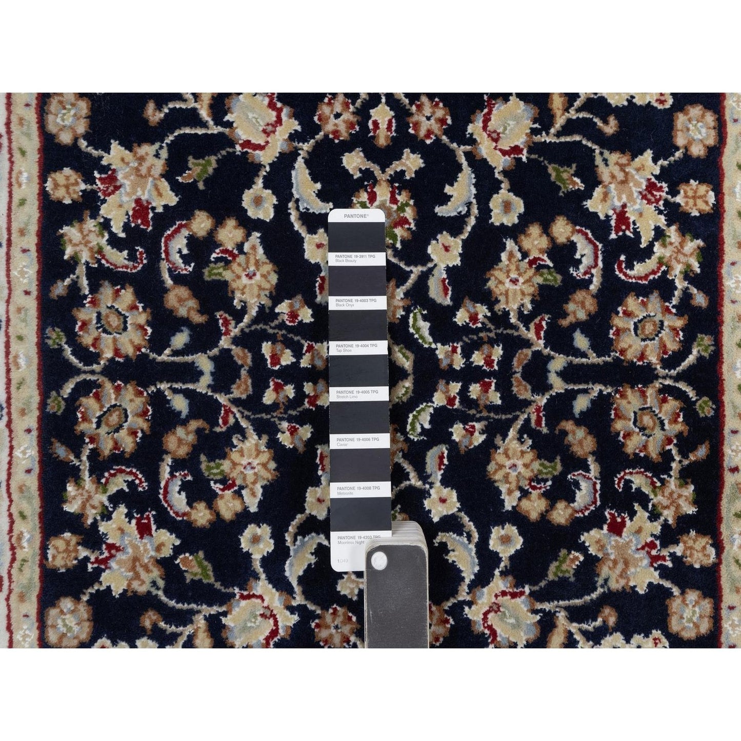 2'7"X6'4" Navy Blue Nain Vines Design Wool & Silk Hand Knotted Runner Rug