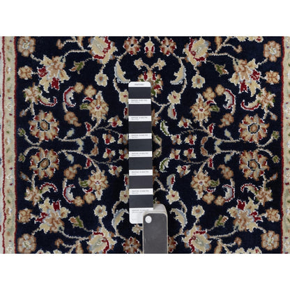 2'7"X6'4" Navy Blue Nain Vines Design Wool & Silk Hand Knotted Runner Rug