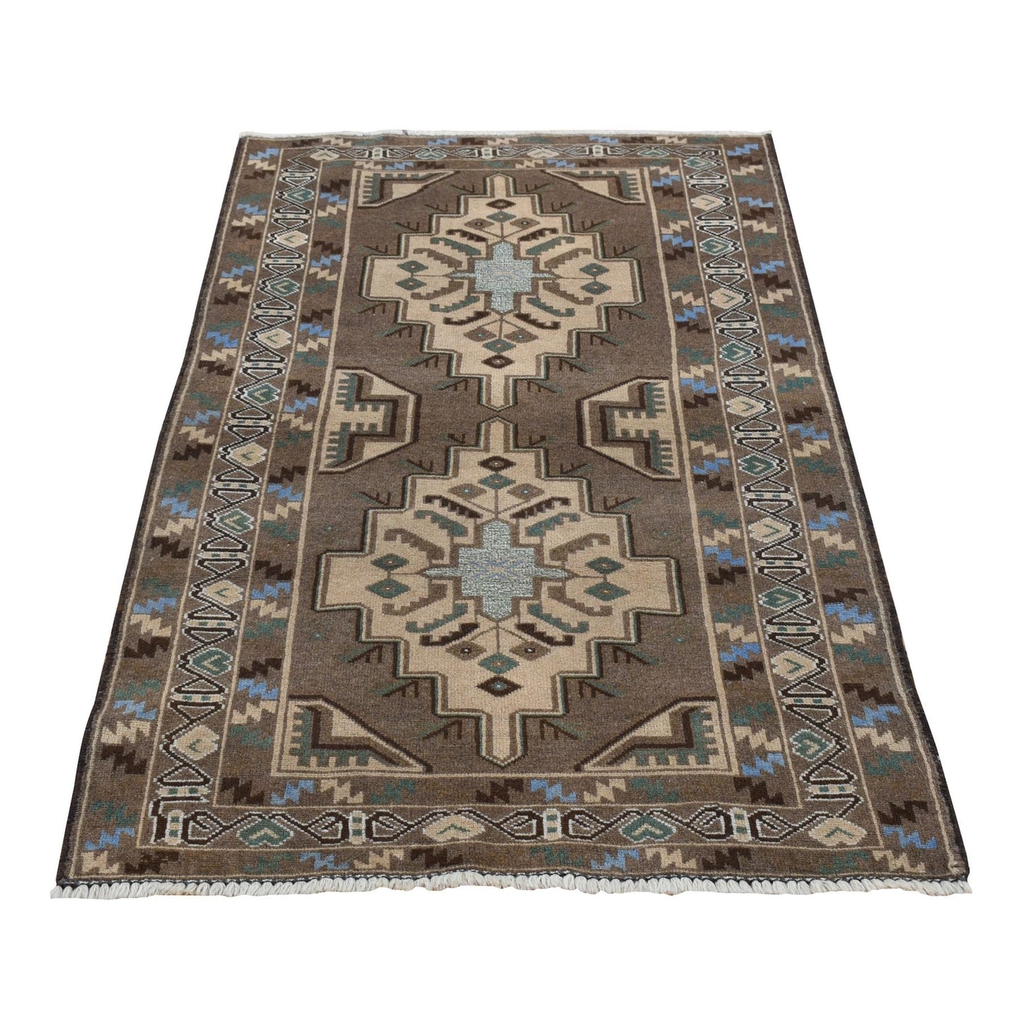 3'X5'2" Brown Washed Out Afghan Balooch Pure Wool Hand Knotted Rug