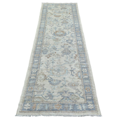 2'10"X9'5" Ivory Angora Oushak Leaf Design Hand Knotted Wool Runner Rug