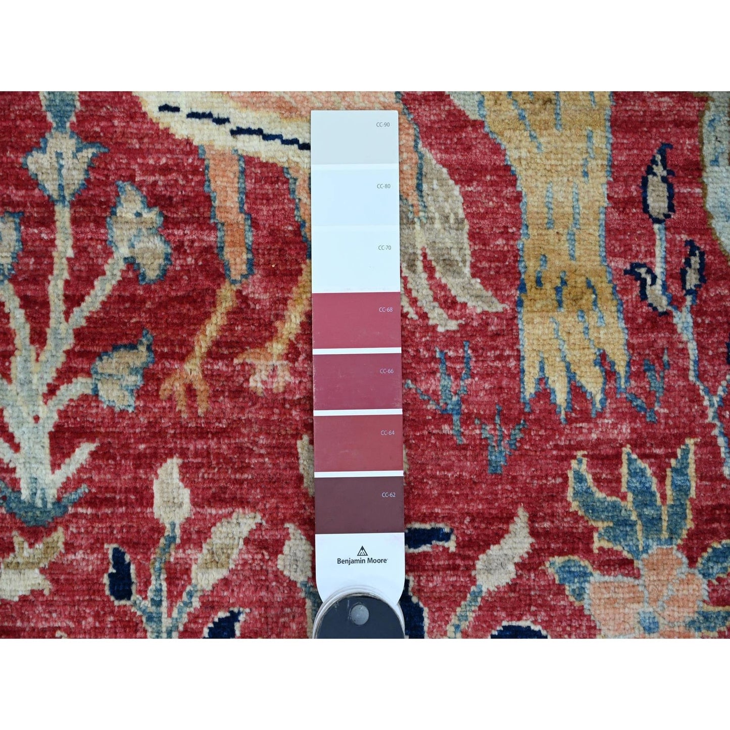 3'10"X16'2" Red Peshawar Birds Design Hand Knotted Pure Wool Runner Rug