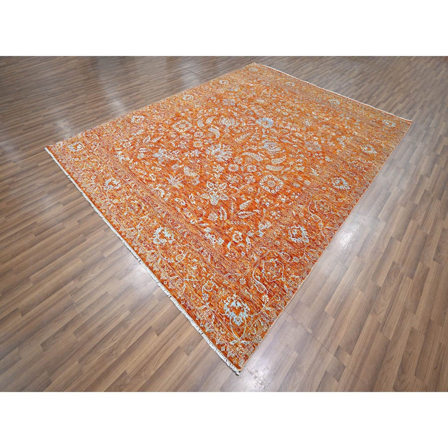 8'X10'4" Orange Zoroastrian Influence Design Wool & Silk Hand Knotted Rug