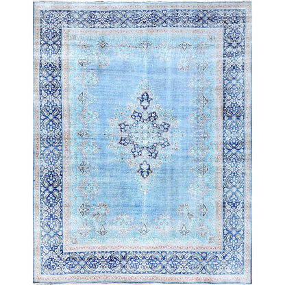 10'X12'9" Blue Worn Down Shiny Wool Cropped Thin Cleaned Oriental Rug