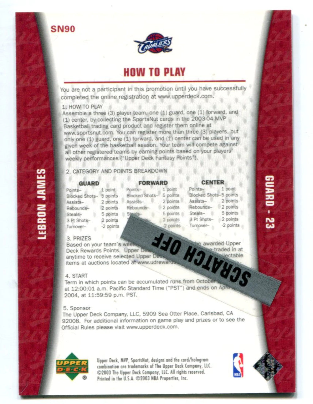Lebron James 2003-04 Upper Deck Mvp Sportsnut #Sn90 Error Card